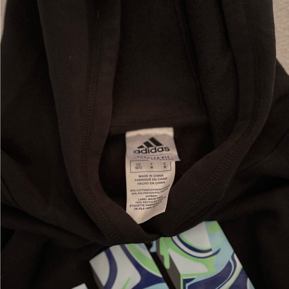 Adidas Black Hoodie with Blue and Green Accents